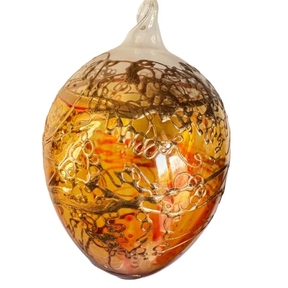 Amber Blown Glass Ornament Gold Gilded Design Art Glass 3" - Picture 2 of 7